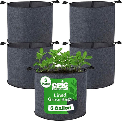 Epic Gardening 5 Pack 5 Gallon Grow Bags with Handles (Lined) - Heavy Duty Fabric Pots for Vegetables, Herbs & Flowers - Breathable Cloth Planters for Indoor & Outdoor Gardening, Moisture Retaining