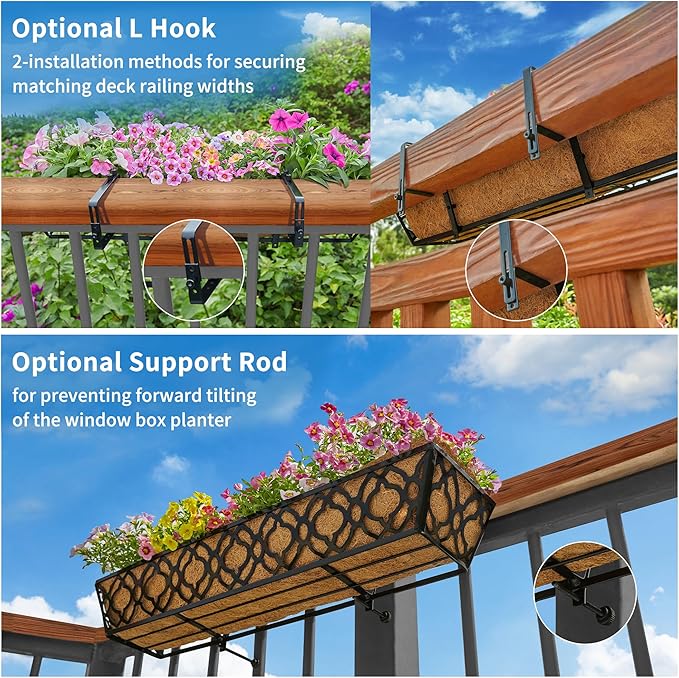 Y&M 2pcs 30" Window Boxes Horse Trough with Coconut Coir Liner,30 Inch Window Deck with Coco Liner, Black Metal Hanging Flower Planter Window Basket Deck Railing Planter Boxes for Outdoor Indoor