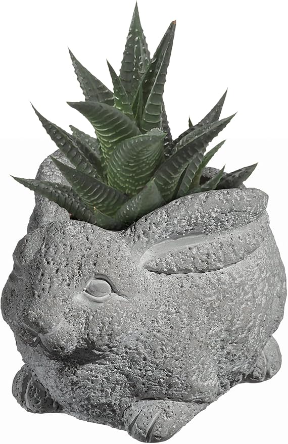 Classic Home and Garden Cement Buddies Animal Planter - Cute Desk Decoration - UV Coated Animal Vase w/Removable Drain Plug -Succulent Planter for Indoor/Outdoor Use (Rabbit Planter, Natural, Small)