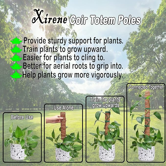 4 Pcs Moss Pole Extending to 51.1 Inches for Plants Monstera, Coco Coir Moss Sticks for Indoor Plants Support Stakes for Climbing Plants Grow Upward with Jute Rope, Tool Set and Hook-Loop Strip