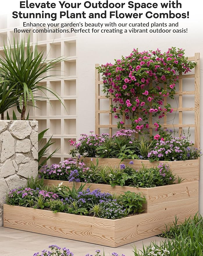 GarveeLife 3-Tier Raised Garden Bed,Wooden Vertical Planters with Trellis & Open-Ended Base for Climbing Plants Vines Flower Herb Vegetable Fruit,Outdoor Planter Boxes for Patio Yard Lawn