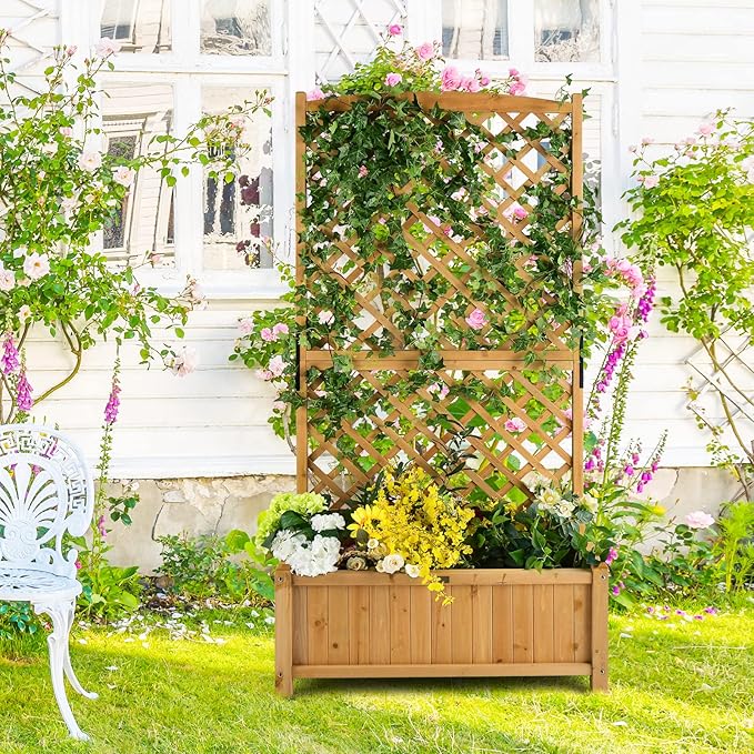 HAPPYGRILL 2 Pcs Raised Garden Bed, 71" Wooden Planter Box with Trellis, Drainage Holes, Freestanding Elevated Garden Bed for Vine Climbing Plants (Yellow)