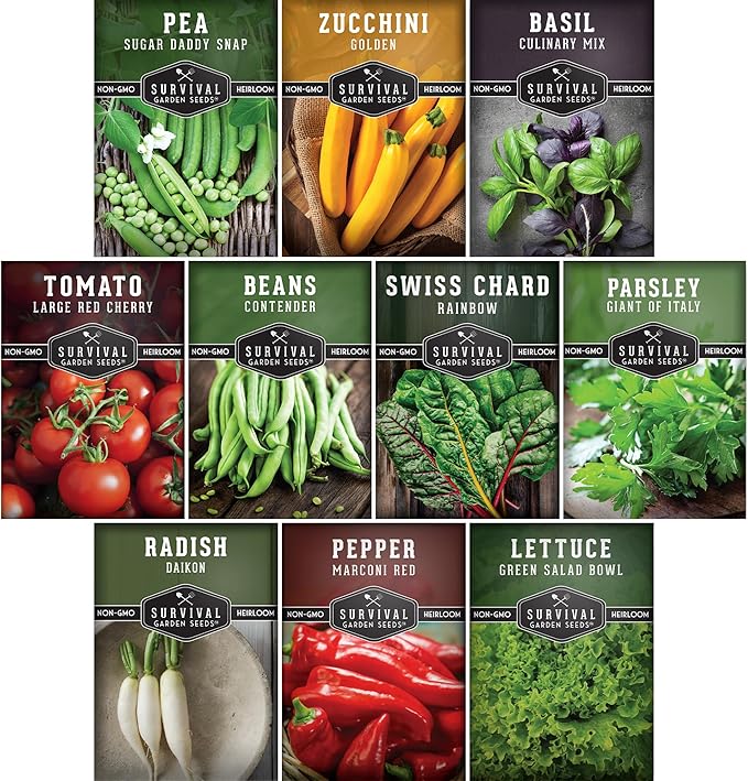 Easy to Grow Vegetable & Herb Seed Collection - 10 Packs of Non-GMO Heirloom Open-Pollinated Veg & Herb Essentials for Gardening Beginners - Seed Saver Instructions on Packets - Survival Garden Seeds