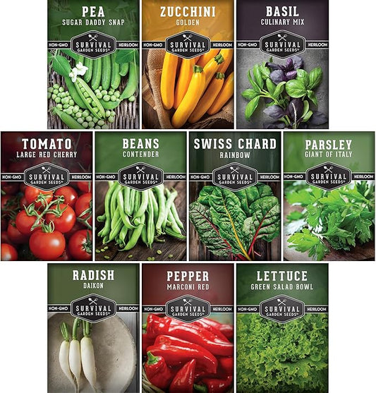 Easy to Grow Vegetable & Herb Seed Collection - 10 Packs of Non-GMO Heirloom Open-Pollinated Veg & Herb Essentials for Gardening Beginners - Seed Saver Instructions on Packets - Survival Garden Seeds