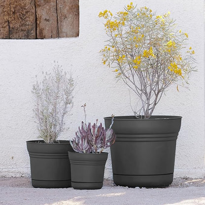 Bloem Saturn 7" Charcoal Round Resin Planter Pot with Snap-in Saucer for Indoor and Outdoor Gardening