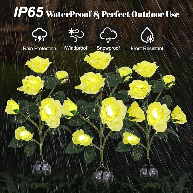 Solar Rose Lights Outdoor, 2 Pack with 14 Rose Flowers Waterproof Color Changing LED Flower Lights, Solar Powered Garden Stakes for Yard, Patio, Pathway Decor - Artificial Floral Decorative Lighting