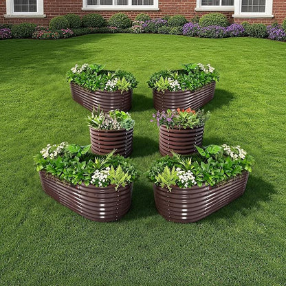 A ANLEOLIFE 6-Piece 30 Inch Extra Tall Galvanized Raised Garden Beds Kit, Large Oval & Round Metal Planters – Ideal for Backyard Vegetables Flowers Herbs, CaféBronze