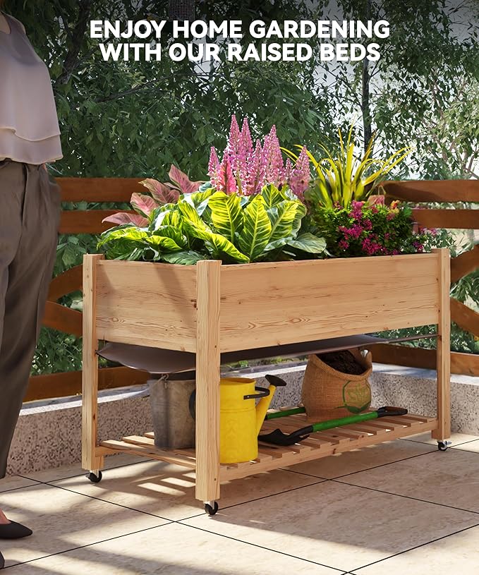 48x24x30in Raised Garden Bed with Wheels,Elevated Raised Planter Box Outdoor for Growing Vegetables and Herbs,Sturdy Wooden Raised Table Garden Bed with Legs-Enhanced Depth,Natural