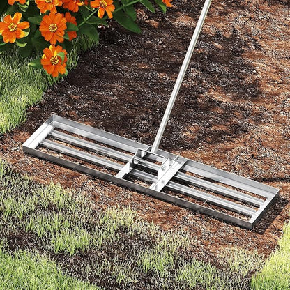 42" x 10" Lawn Leveling Rake, Heavy Duty Landscape Rake with 67" Handle, Non-Slip Grip & Flat Head, Space-Saving Lawn Level Tool for Garden, Backyard, Golf Course & Sports Field(Silver)