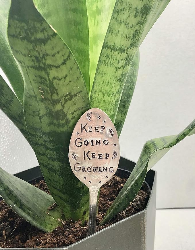 Garden Marker, Keep Going Keep Growing, Silver Plate Stamped Spoon