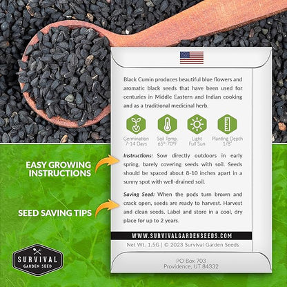 Survival Garden Seeds Black Cumin Seed for Planting - 5 Packets with Instructions to Plant and Grow Beneficial Nigella Sativa Plants in Your Home Vegetable Garden - Non-GMO Heirloom