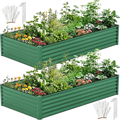 DWVO 2pcs 8 x 4 x 1.5 FT Raised Garden Bed Kit, Outdoor Galvanized Flower Bed with Safety Rubber and Gloves, Large Metal Planter Box for Vegetables, Flowers, Herbs, Fruits, Green