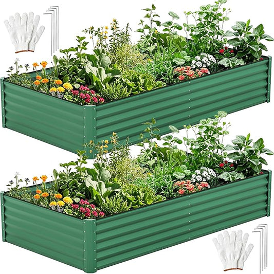 DWVO 2pcs 8 x 4 x 1.5 FT Raised Garden Bed Kit, Outdoor Galvanized Flower Bed with Safety Rubber and Gloves, Large Metal Planter Box for Vegetables, Flowers, Herbs, Fruits, Green
