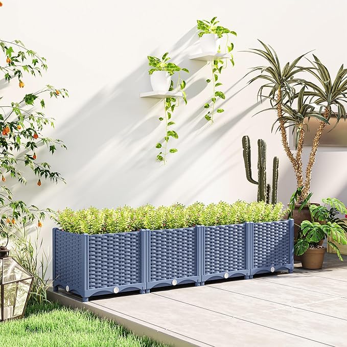 Outsunny 5 x 1 x 1 ft Raised Garden Bed, Indoor Outdoor Plastic Planter Box with Drainage Holes, Drain Plugs and Water Reservoirs for Vegetables, Herbs, Flowers & Succulents, Blue