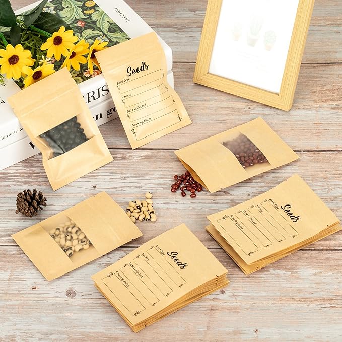100pcs Seed Envelopes Resealable with Clear Window Kraft Paper Packets for Garden Flower Vegetable Plants Storage and Organizer 4.7 X 3.15inch