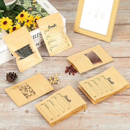 100pcs Seed Envelopes Resealable with Clear Window Kraft Paper Packets for Garden Flower Vegetable Plants Storage and Organizer 4.7 X 3.15inch