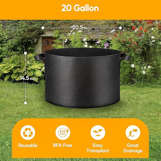 Simple Deluxe Grow Bags 20 Gallon 5 Pack Planter Pots with Handles, Thickened Nonwoven Fabric Aeration Cloth Bag, Heavy Duty Gardening for Tomoato, Potato, Vegetable and Flowers, Black with 5 Labels
