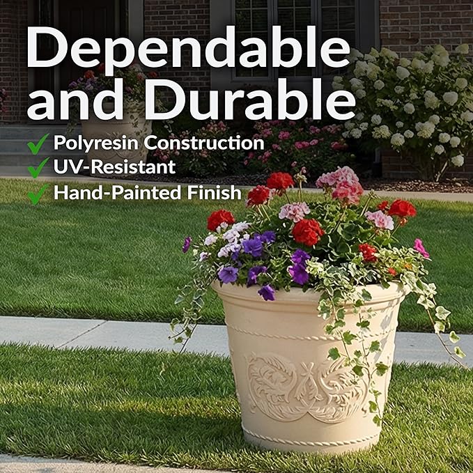 Sunnydaze 19.5-Inch Arabella Large Plastic Pot for Plants - Outdoor Double-Walled Polyresin Large Plastic Planter with Drillable Drainage Holes - Antique White - 2-Pack
