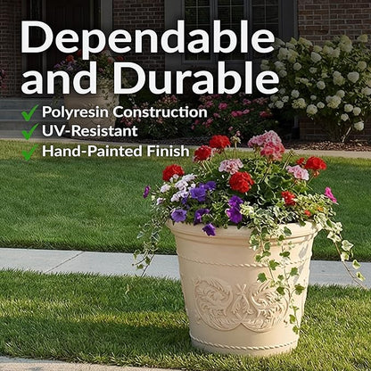Sunnydaze 19.5-Inch Arabella Large Plastic Pot for Plants - Outdoor Double-Walled Polyresin Large Plastic Planter with Drillable Drainage Holes - Antique White - 2-Pack