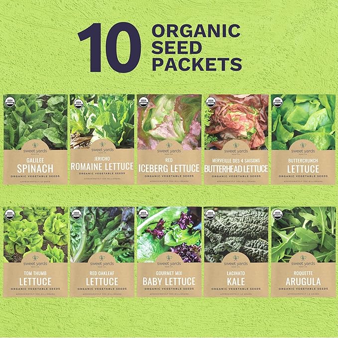 Organic Lettuce & Greens Seeds Variety Pack - 10 Individual Packs - 2026 Season - Buttercrunch, Arugula, Romaine, Kale and More! for Indoor & Outdoor Planting (Non-GMO, Certified Organic)
