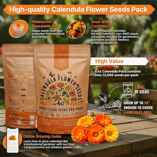 Calendula Seeds Pack 4 oz - Over 13,000 Non-GMO Heirloom Calendula Seeds for Planting Indoor & Outdoor Gardening, Flower Seed for Planting Home and Garden, Flowers Seed in Individual Packet
