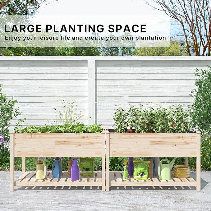 Gotland 2pcs Raised Garden Bed with Legs, Raised Beds for Gardening with Storage Shelf Bed Liner Drainage Holes, Wooden Planter Raised Beds, Raised Planter Box Backyard, Patio, Balcony, Natural