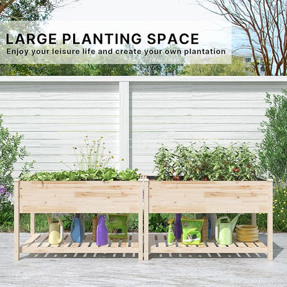 Gotland 2pcs Raised Garden Bed with Legs, Raised Beds for Gardening with Storage Shelf Bed Liner Drainage Holes, Wooden Planter Raised Beds, Raised Planter Box Backyard, Patio, Balcony, Natural