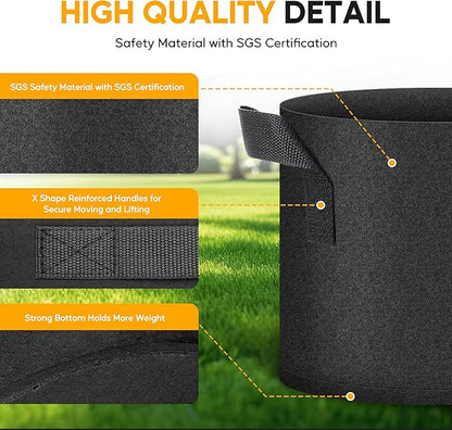 HealSmart 6-Pack 5 Gallon Nonwoven Grow Bags, Aeration Fabric Pots with Handles, Suitable for Garden Fruits, Vegetables and Flowers, Black