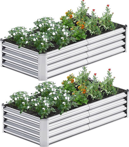 2PCS 4x2x1FT Galvanized Raised Garden Bed Kit, Galvanized Planter Raised Garden Boxes Outdoor, Large Metal Raised Garden Beds for Vegetables-Silver