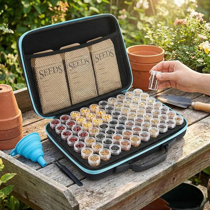 60 Slots Seed Storage Organizer with 10 Seed Envelopes,Sturdy Seeds Saving Storage Box with Zipper Bag Label Stickers(Seeds not Included), Seed Storage Container for Flower Plants Garden (60 Slots)