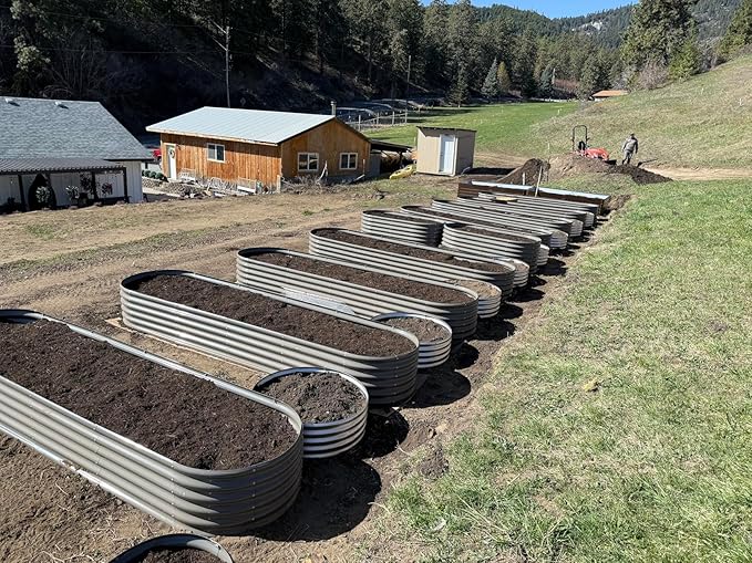 A ANLEOLIFE 14-Piece 18 Inch Tall Raised Garden Beds Kit, Heart-Shaped, Large Oval & Round Metal Planters – Ideal for Backyard Vegetables Flowers Herbs, Quartz Grey