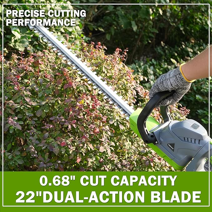 22" Cordless Hedge Trimmer, 2x4.0Ah Battery and Charger, Electric Handheld Bush Clipper, 180° Rotatable Head, Dual-Action Blades Lightweight Trimmer(Perfect Partner with String Trimmer)