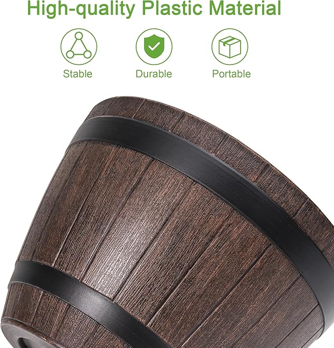 VECELO Plant Pots with Drainage Holes & Saucer, 13 Inch Flower Pots with Tray, 3 Pack Plastic Whiskey Barrel Planters for Indoor & Outdoor Garden Home Plants and Flowers