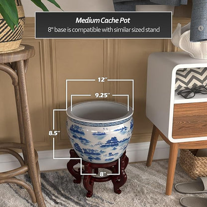 Red Lantern 12" Landscape Blue & White Porcelain Fishbowl Planter or Cachepot for Indoor/Outdoor Use in Garden Entryway Living Room Boho Eclectic Modern Contemporary Classic Traditional Style Decor