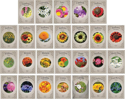 Flower Seed Set - Flower Varieties of Non-GMO & Heirloom Premium Seeds for Planting - Sunflower, Marigold, Lavender, and More! (26, Set 1)
