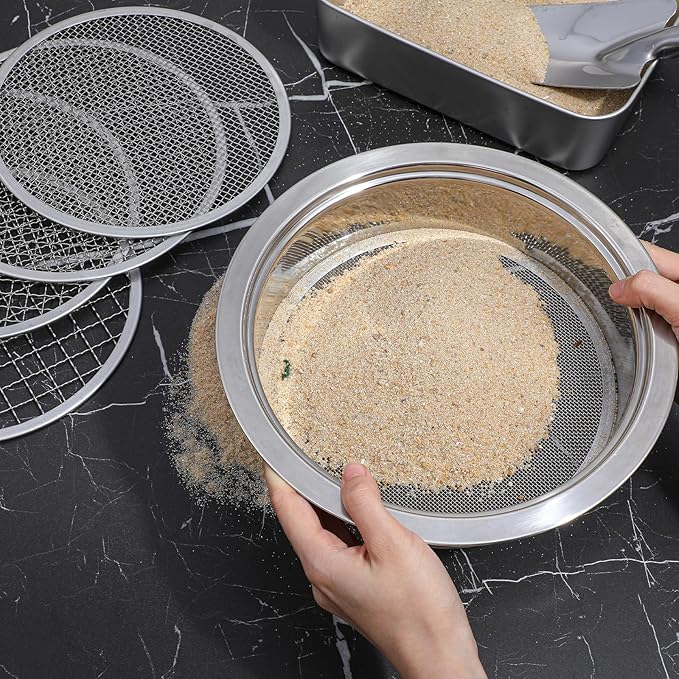 Soil Sieve Set Garden Soil Sifter Stainless Steel Mesh Sifter, 5 Sieve Set for Gardening with 8" Diameter 1/3/6/9/12mm Interchangeable Meshes, Includes Shovel for Potting, Planting