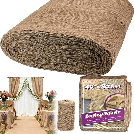 40'' x 80 Feet Burlap Fabric Roll 26.6 Yard, Natural Jute Fabric for Winter Tree Wrap Plant Covers Freeze Protection with 164 Feet Jute Rope, DIY Rustic Wedding Garden Outdooor Christmas Decoration