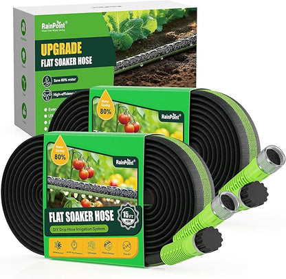 RAINPOINT Flat Soaker Hose 30FT for Garden, Drip Hose for Garden with Anodized Aircraft Aluminum Ends, Flexible & Lightweight Soaking Hose, Save 80% Water, Green(15FT X 2Pack)