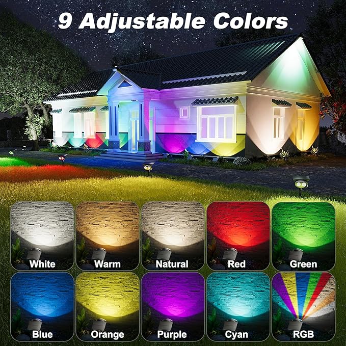 Solar Spot Lights Outdoor Waterproof IP68, RGB Colors Changing Solar Lights with 4 Lighting Modes, Solar Powered Lights Outdoor for Garden Yard Outside Landscape (4Pack)