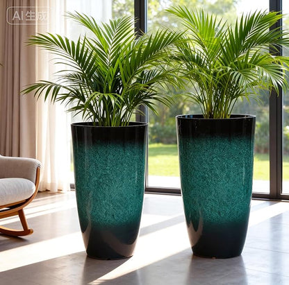 23.8" Tall Outdoor Planters Set of 2, Ceramic-Look Large Flower Pots for Indoor Outdoor Plants, All Seasons for Porch, Balcony, Garden, Patio or Home Art Decor, Gradient Turquoise Finish
