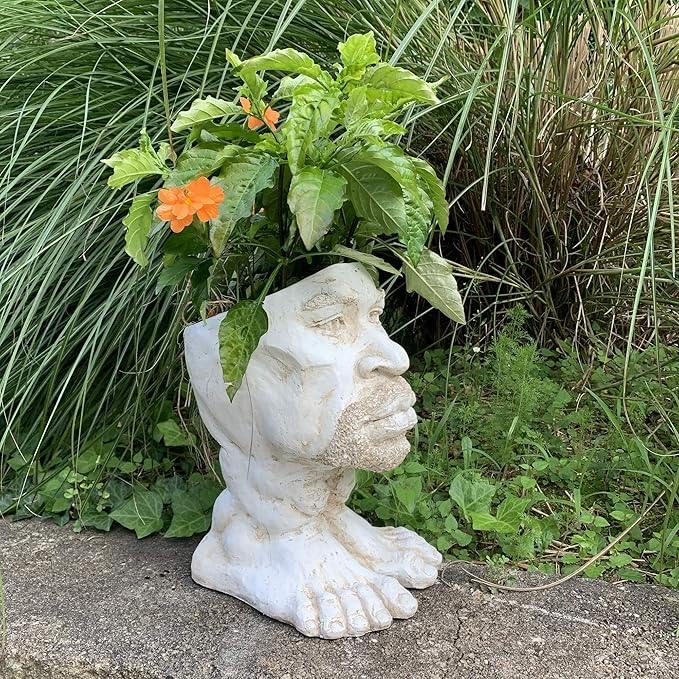 homestyles 14.5 in. Antique White Uncle Kimoni The Muggly Face Statue Planter Hold 6" Pot