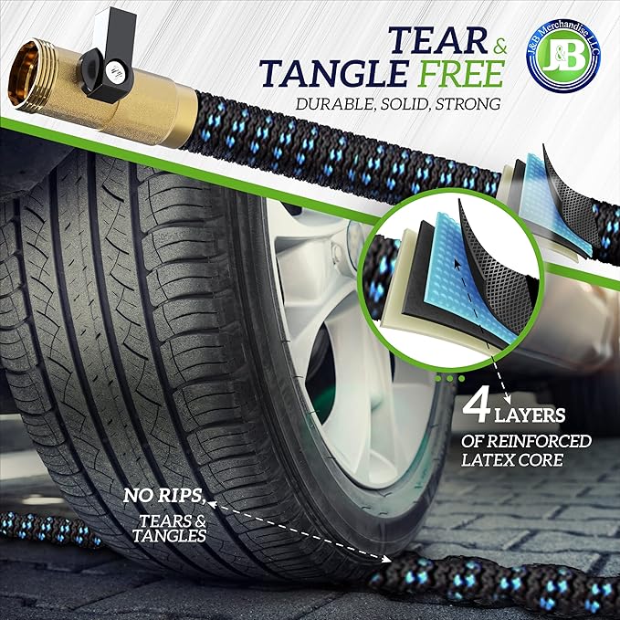 J&B XpandaHose 100ft Expandable Garden Hose – Ultra-Strong 3750D, 4-Layer Latex Core, Brass 3/4" Connectors, 10-Pattern Nozzle & Storage Bag – Lightweight, Kink-Reducing, Leak-Resistant