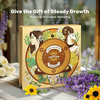 LUSH&DEW Zodiac Garden Seed Bank, 12 Varieties Non-GMO USA-Sourced Heirloom Herb Flower Seeds with Moon Calendar, Gardening Gift for Women Men, Witchcraft Supplies, Earth Sign (Taurus Virgo Capricorn)