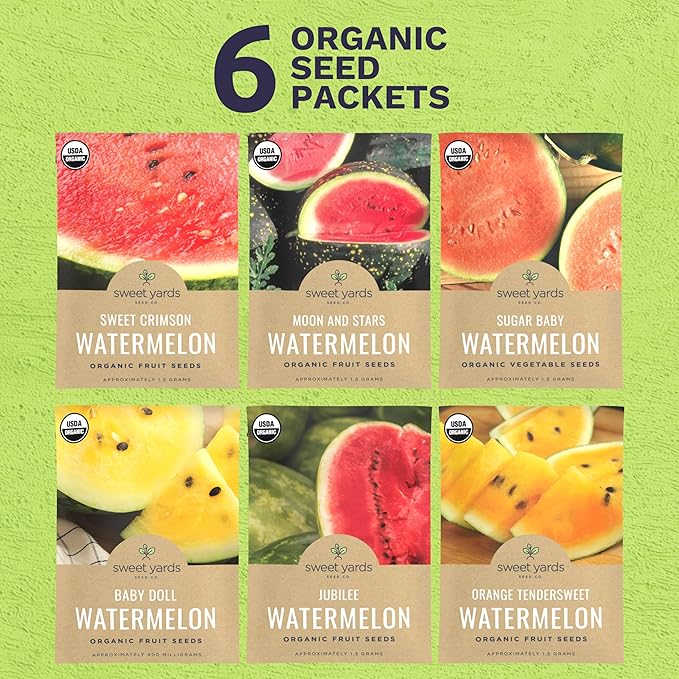 Organic Watermelon Seeds Variety Pack - 6 Individual Packs - 2026 Season - Sugar Baby, Orange Tendersweet, Jubilee and More! for Indoor & Outdoor Planting (Non-GMO, Certified Organic)