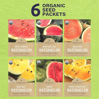 Organic Watermelon Seeds Variety Pack - 6 Individual Packs - 2026 Season - Sugar Baby, Orange Tendersweet, Jubilee and More! for Indoor & Outdoor Planting (Non-GMO, Certified Organic)