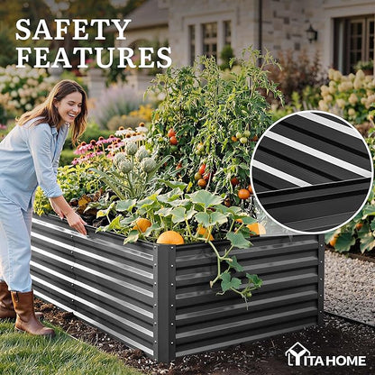 YITAHOME 6pcs 8x4x2 ft Galvanized Raised Garden Bed Kit, Large Metal Planter Box with Gloves, Safety Rubber & Support Rod, Outdoor Flower Bed for Plants Vegetables, Black