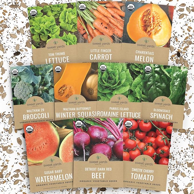 Organic Heirloom Garden Seeds Variety Pack - 10 Individual Packs - 2026 Season - Cherry Tomatoes, Spinach, Squash, Watermelon and More! for Indoor & Outdoor Planting (Non-GMO, Certified Organic)