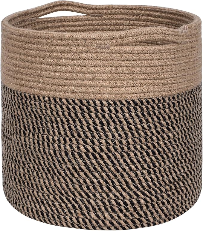 MINTWOOD Design 11 x 11 Inches Cotton Rope Basket for Flower Pot and Indoor Floor Planters, Decorative Round Woven Plant Pot Basket, Planter Covers, Small Dog Toy Storage Baskets, Black