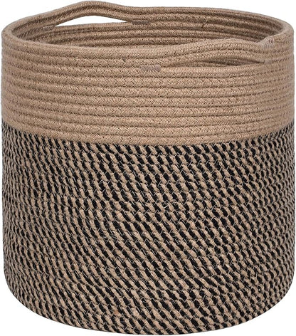 MINTWOOD Design 11 x 11 Inches Cotton Rope Basket for Flower Pot and Indoor Floor Planters, Decorative Round Woven Plant Pot Basket, Planter Covers, Small Dog Toy Storage Baskets, Black
