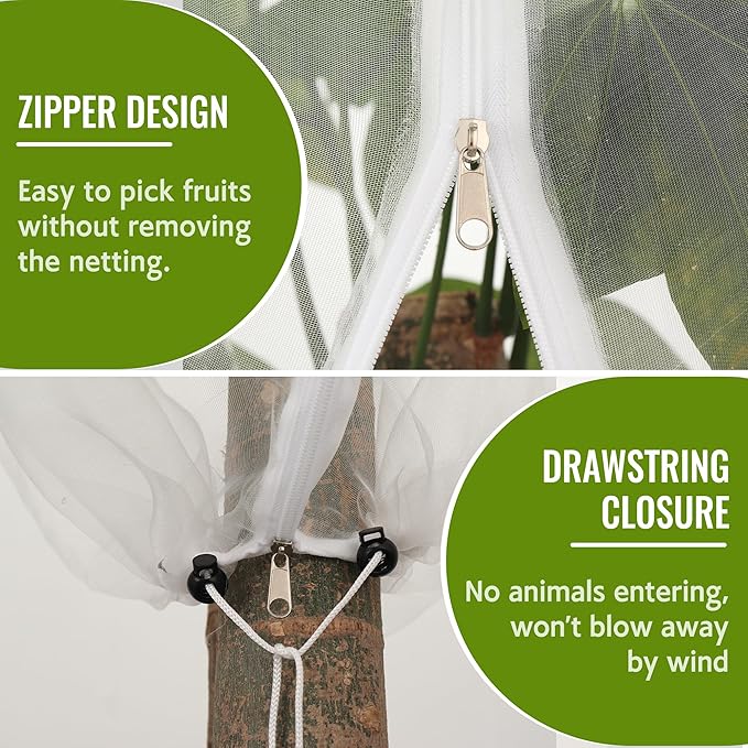 2 Pack Fruit Tree Netting Bags with Zipper and Drawstring, 6 x 6ft Ultra Fine Mesh Garden Netting Plant Cover, Bird Netting for Blueberry Bushes, Fruit Trees, Flowers (White, 6 x 6 ft)